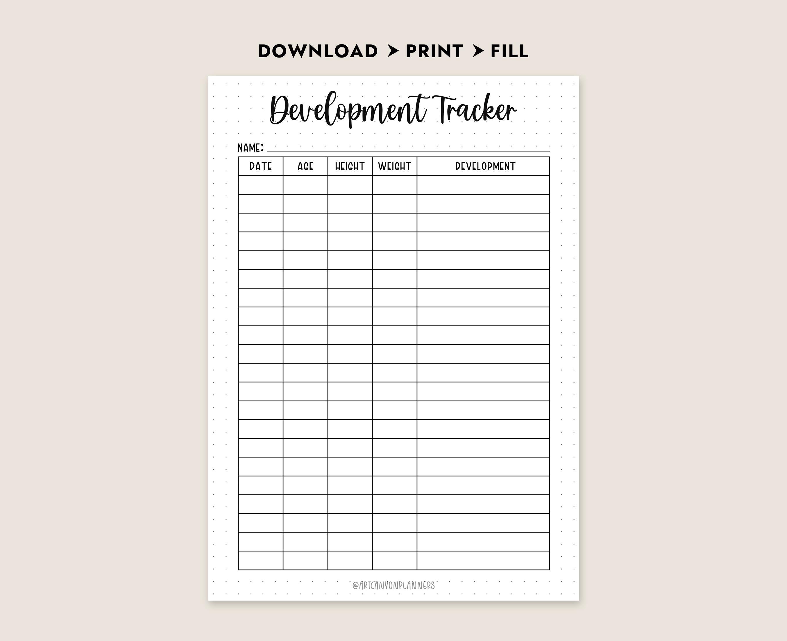 Baby Development Tracker Printable Growth Log Child Height Weight Chart ...