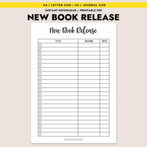 Op de afbeelding: Een afdrukbare PDF-boekenlijst met de tekst "NEW BOOK RELEASE" bovenaan. De pagina bevat secties voor titel, auteur en datum, met selectievakjes voor elke invoer. Het ontwerp is eenvoudig, met een crèmekleurige achtergrond en zwarte tekst.