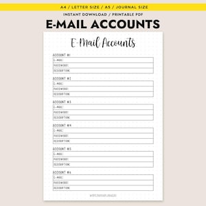 Puede incluir: Documento PDF imprimible titulado «Cuentas de correo electrónico» con fondo crema. El documento está diseñado para registrar direcciones de correo electrónico, contraseñas y descripciones. Incluye secciones para seis cuentas, con campos etiquetados para cada una.