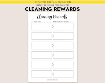 May include: A printable cleaning rewards chart with the title "Cleaning Rewards" in a handwritten font. The chart has two columns with blank spaces for listing cleaning tasks and rewards. The top of the page has the text "A4 / LETTER SIZE / A5 / JOURNAL SIZE" and "INSTANT DOWNLOAD / PRINTABLE PDF".