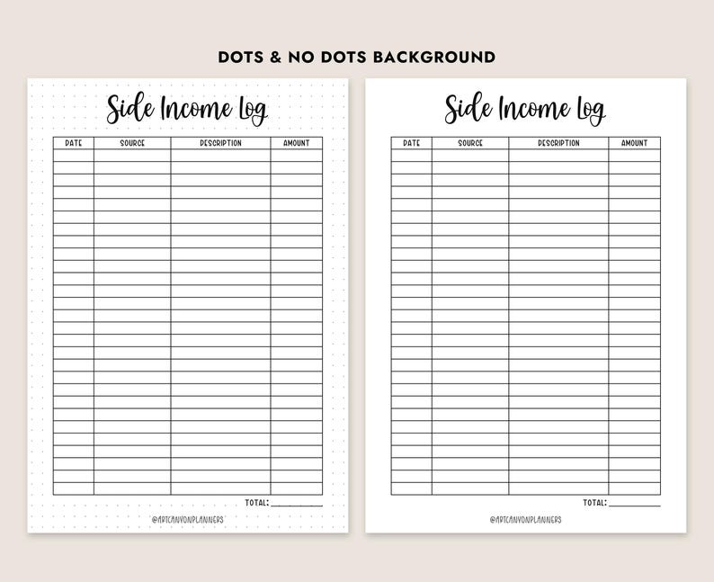 Side Income Log Printable Side Hustle Tracker PDF Earnings Record Sheet ...