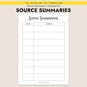 May include: A printable PDF document titled "SOURCE SUMMARIES" with a cream background. The document includes a table with columns for "AUTHOR" and "SUMMARY". The top of the document has the text "A4 / LETTER SIZE / A5 / JOURNAL SIZE" and "INSTANT DOWNLOAD / PRINTABLE PDF".