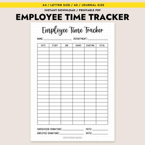Hoja de horas de empleados imprimible, registro de horas trabajadas, formato A4, A5, carta, formulario de RR. HH., descarga instantánea