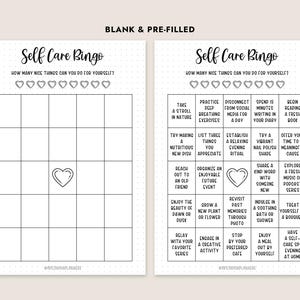 Peut inclure: Une carte de bingo de soins personnels imprimable avec un design noir et blanc. La carte a une grille de 5x5 cases avec diff&eacute;rentes activit&eacute;s de soins personnels &eacute;num&eacute;r&eacute;es dans chaque case. La carte est intitul&eacute;e "Self Care Bingo" et comprend la phrase "Combien de choses agr&eacute;ables pouvez-vous faire pour vous-m&ecirc;me ?"