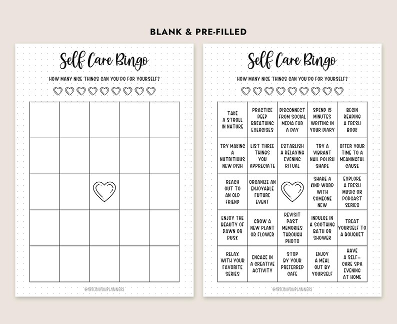 Peut inclure: Une carte de bingo de soins personnels imprimable avec un design noir et blanc. La carte a une grille de 5x5 cases avec diff&eacute;rentes activit&eacute;s de soins personnels &eacute;num&eacute;r&eacute;es dans chaque case. La carte est intitul&eacute;e "Self Care Bingo" et comprend la phrase "Combien de choses agr&eacute;ables pouvez-vous faire pour vous-m&ecirc;me ?"