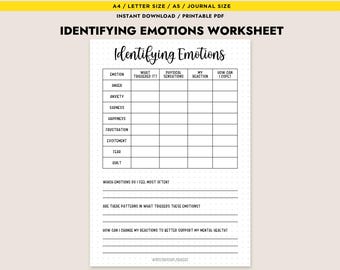 Identifying Emotions Worksheet Printable Feelings Log Self Care Journal Therapy Tool A4 A5 PDF