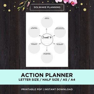 May include: A black and white printable action planner with a circle in the center that says "I want to" and six surrounding circles with questions to help you plan your goals. The planner is titled "Action Planner" and says "Letter Size / Half Size / A5 / A4" and "Printable PDF | Instant Download".