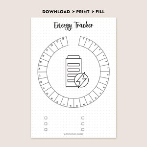 Może przedstawiać: Wydrukowany tracker energii ze słowami "Energy Tracker" u g&oacute;ry. Projekt zawiera okrągły wykres z liczbami i ikoną baterii z błyskawicą. U g&oacute;ry znajdują się słowa "DOWNLOAD > PRINT > FILL".