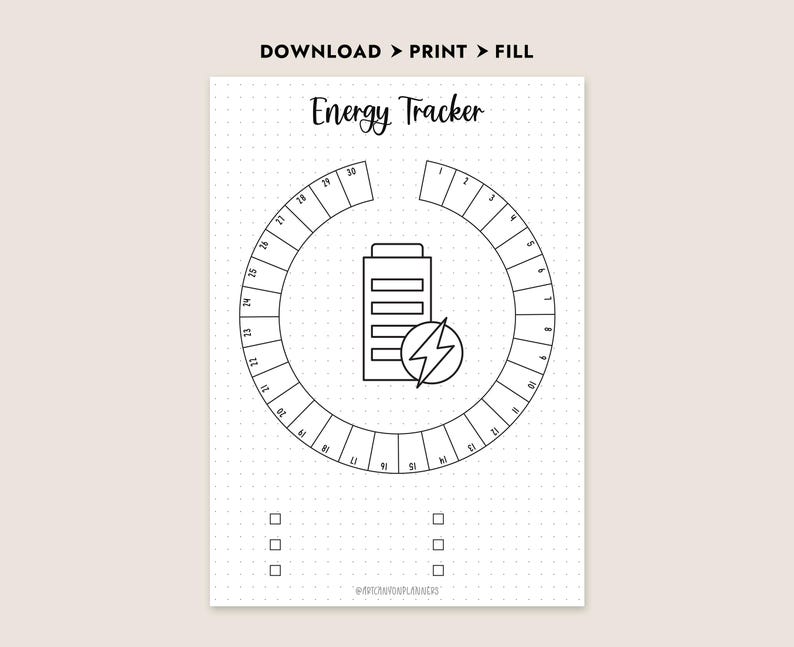 Może przedstawiać: Wydrukowany tracker energii ze słowami "Energy Tracker" u g&oacute;ry. Projekt zawiera okrągły wykres z liczbami i ikoną baterii z błyskawicą. U g&oacute;ry znajdują się słowa "DOWNLOAD > PRINT > FILL".