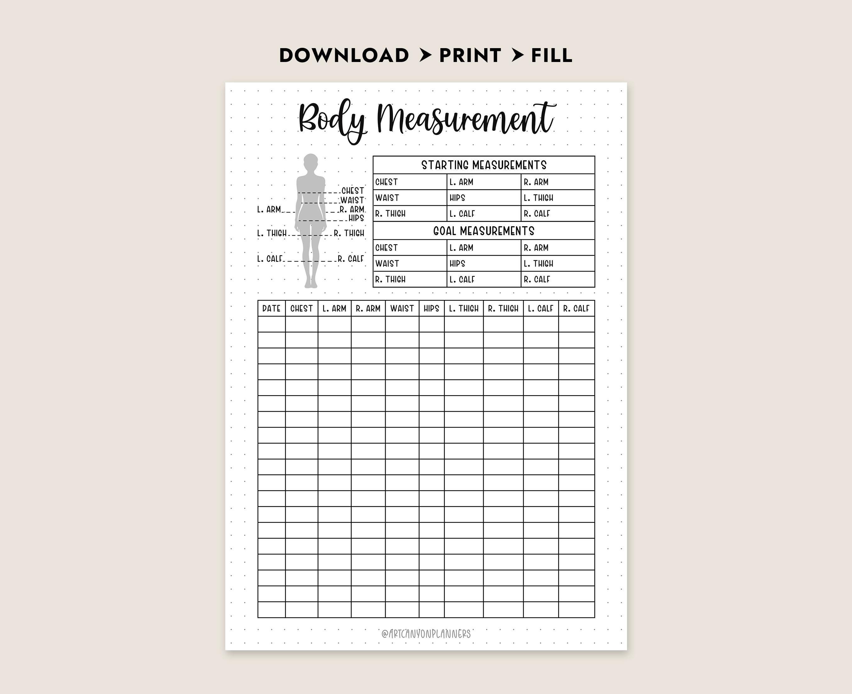 Body Measurement Tracker Printable PDF Workout Exercises Digital ...