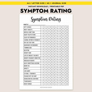 May include: A printable symptom rating chart in PDF format, with a dotted grid background. The chart lists symptoms like hot flushes, night sweats, and mood swings, with a rating scale from 1 to 10. The text "Symptom Rating" is at the top.