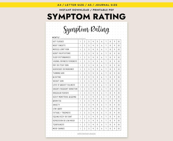 Symptom Rating Tracker Printable Daily Health Log Menopause Perimenopause PMS PCOS Tracker A4 Letter A5 Journal Inserts Instant Download