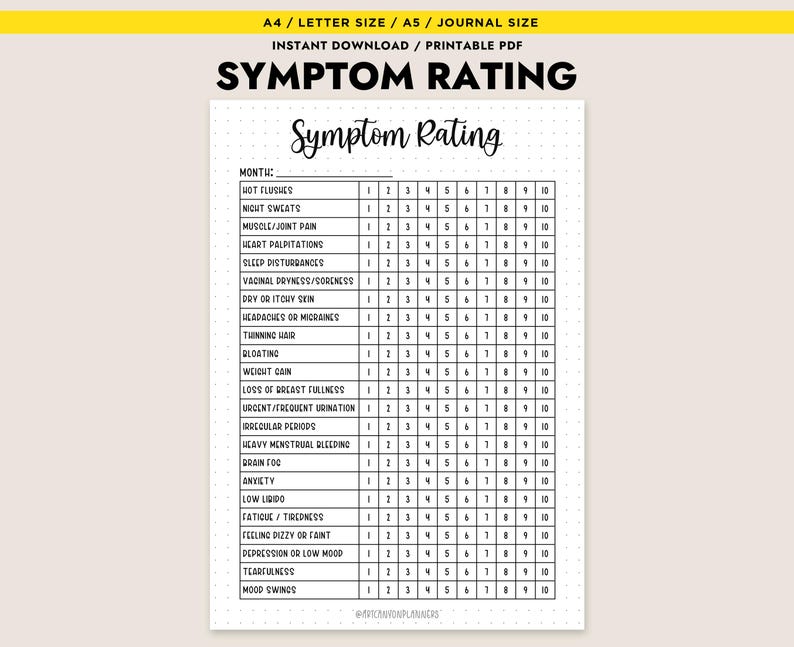 May include: A printable symptom rating chart in PDF format, with a dotted grid background. The chart lists symptoms like hot flushes, night sweats, and mood swings, with a rating scale from 1 to 10. The text "Symptom Rating" is at the top.