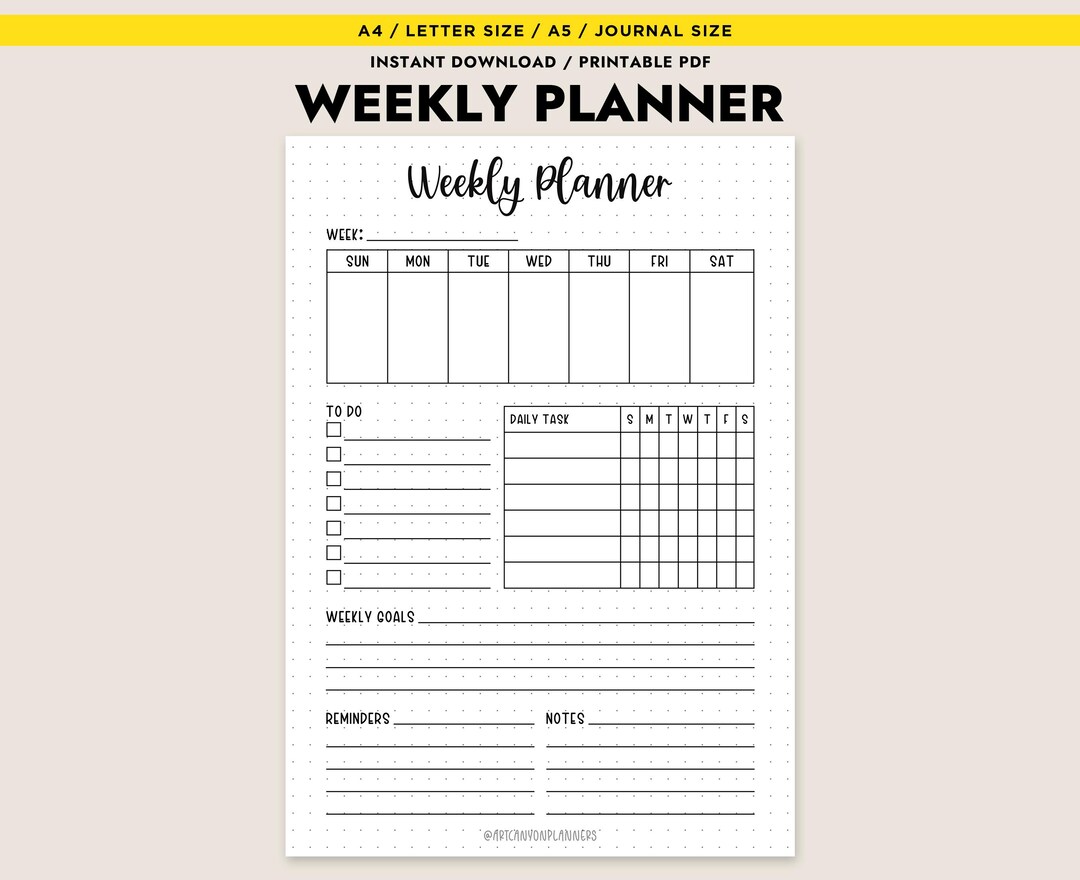 Weekly Planner Printable A4 A5 Letter Size Journal PDF Instant Download ...