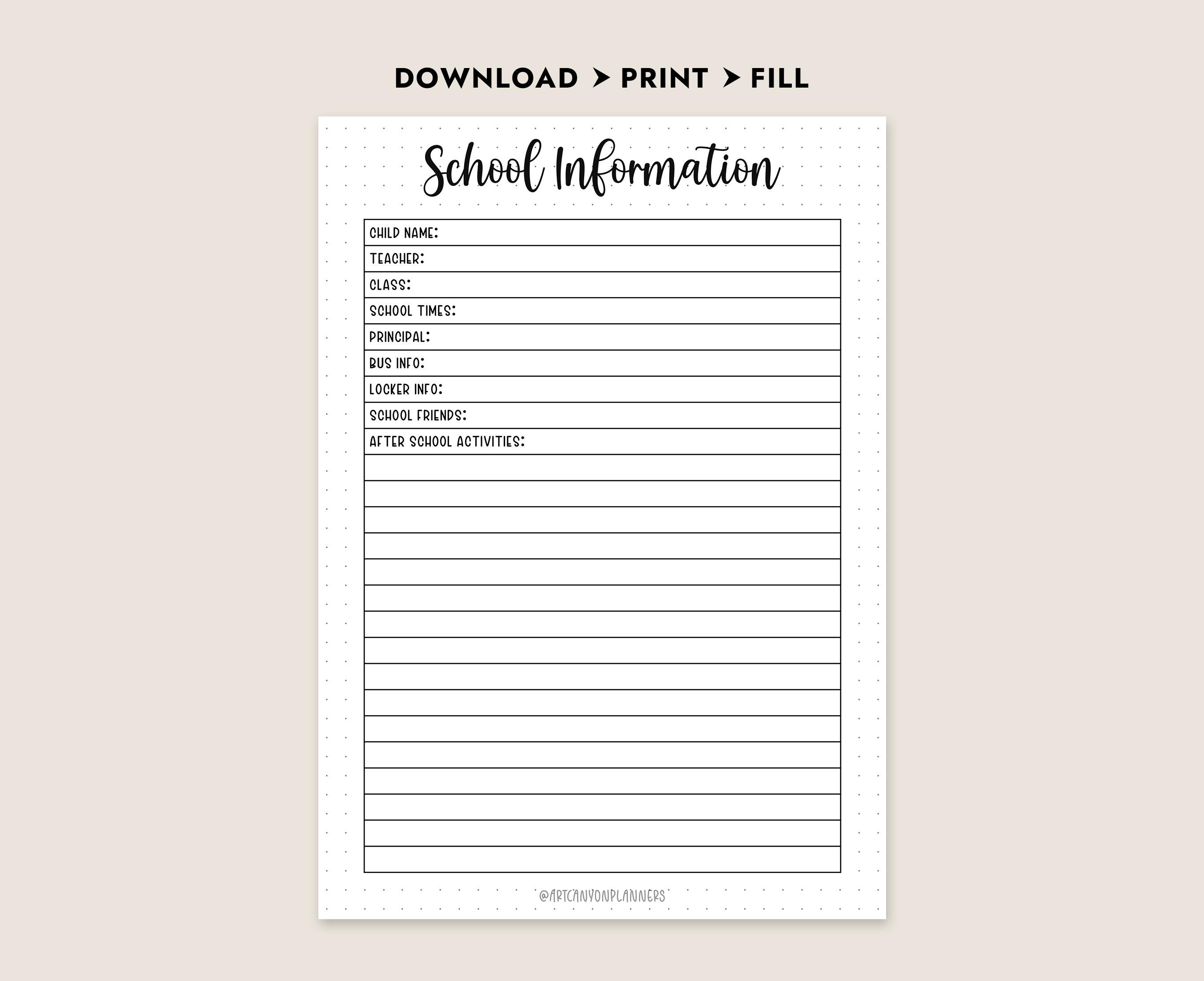 Printable School Information Sheet Student Planner Page Back to School ...