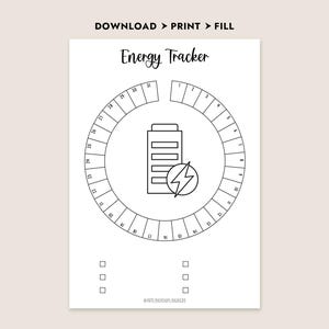 Może przedstawiać: Wydrukowany biały Energy Tracker z czarnym tekstem i grafiką. Projekt zawiera okrągły kalendarz, ikonę baterii z błyskawicą i pola wyboru. Tekst u g&oacute;ry brzmi "DOWNLOAD > PRINT > FILL".