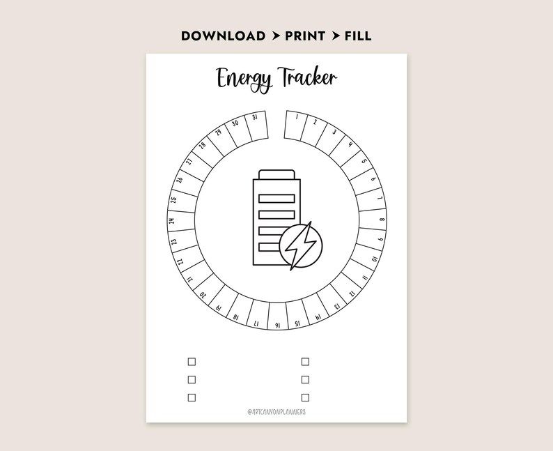 Może przedstawiać: Wydrukowany biały Energy Tracker z czarnym tekstem i grafiką. Projekt zawiera okrągły kalendarz, ikonę baterii z błyskawicą i pola wyboru. Tekst u g&oacute;ry brzmi "DOWNLOAD > PRINT > FILL".