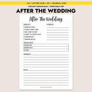 May include: A printable PDF journal page titled "After The Wedding." The page includes checklists for post-wedding tasks, sections for strength and weakness assessments, and space for notes. The design is minimalist with black text on a dotted white background.