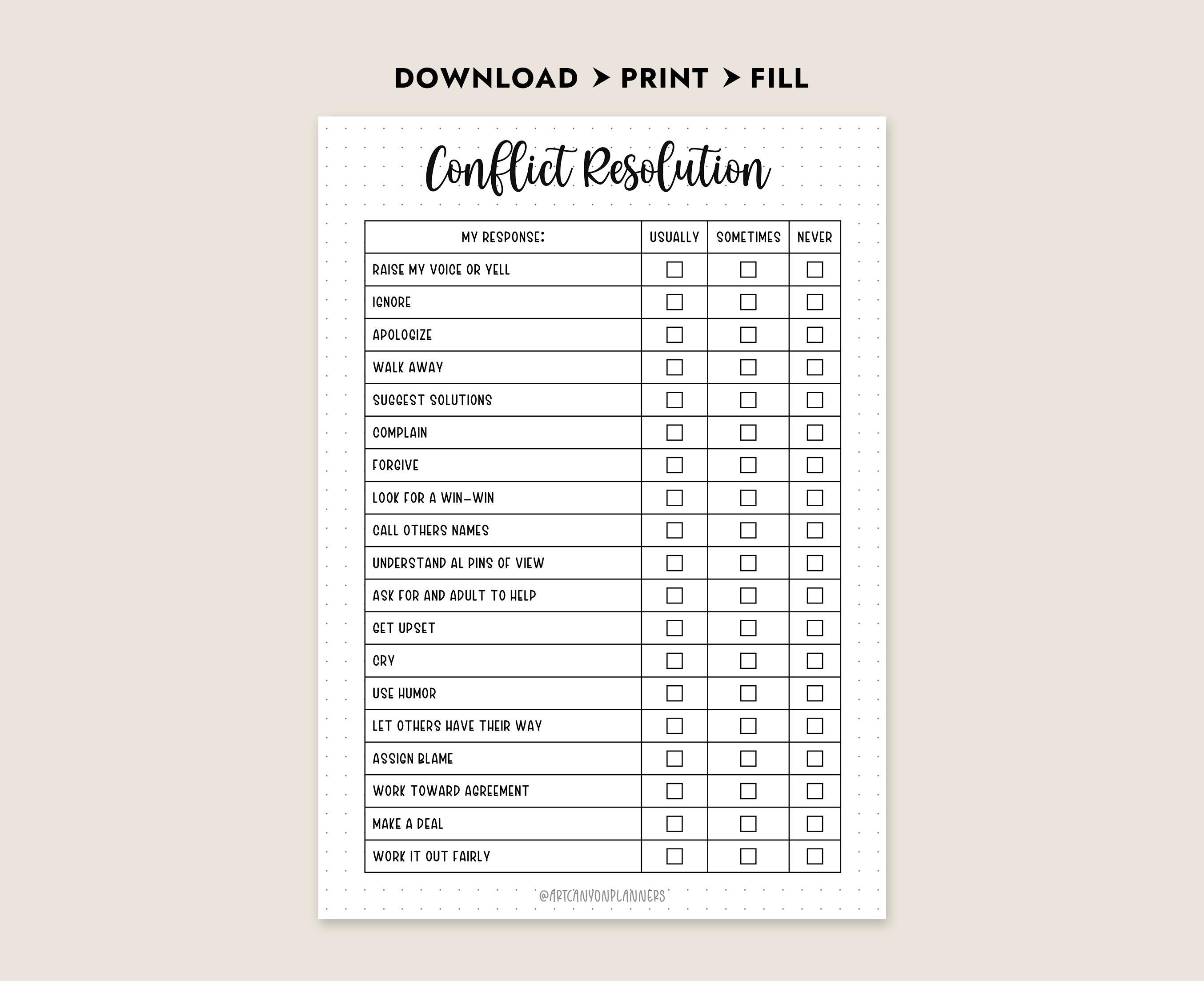Conflict Resolution Worksheet Printable Self Reflection Journal Page ...
