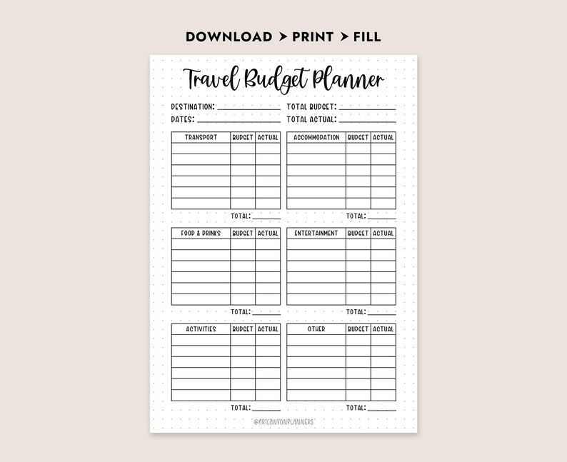Op de afbeelding: Een printbare reisbudgetplanner met secties voor vervoer, accommodatie, eten en drinken, entertainment, activiteiten en andere uitgaven. De planner bevat kolommen voor budget en werkelijke uitgaven.