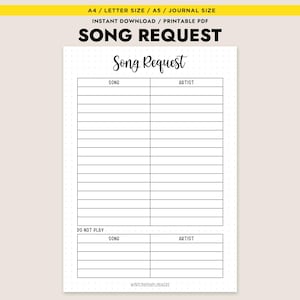 Puede incluir: Una hoja PDF imprimible blanca con las palabras "SONG REQUEST" en la parte superior. La hoja tiene una sección para solicitudes de canciones y artistas, y una sección para canciones que no se deben reproducir. El texto "Song Request" está escrito en cursiva.