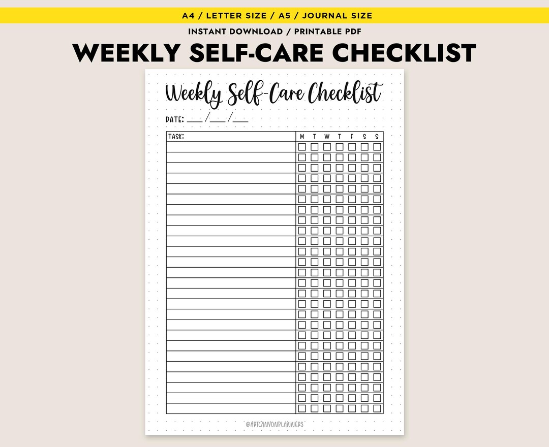 Weekly Self Care Checklist Printable Habit Tracker Wellness Journal A4 ...