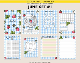June Title Page Calendar Cover Page Printable Inserts Bullet Journal Bundle A4 A5 Half Size Letter Mood Tracker Habit Water Sleep Tracker