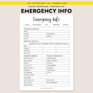 Pode incluir: Uma folha de informações de emergência em PDF imprimível, projetada para tamanhos A4, Carta, A5 e diário. Possui seções para informações pessoais, contatos de emergência e informações médicas, incluindo solicitações de números de telefone e detalhes do seguro. O documento é em preto e branco.