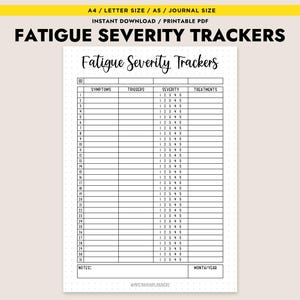 Pode incluir: Rastreador de gravidade da fadiga imprimível com colunas para sintomas, gatilhos, gravidade, tratamentos e notas. O rastreador tem 30 linhas para registrar informações.