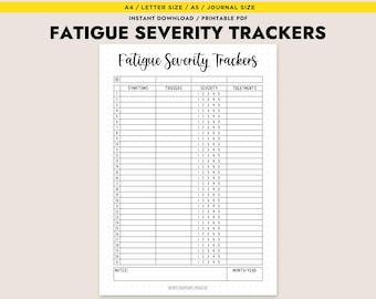 Puede incluir: Seguimiento de la gravedad de la fatiga imprimible con columnas para síntomas, desencadenantes, gravedad, tratamientos y notas. El seguimiento tiene 30 filas para registrar información.