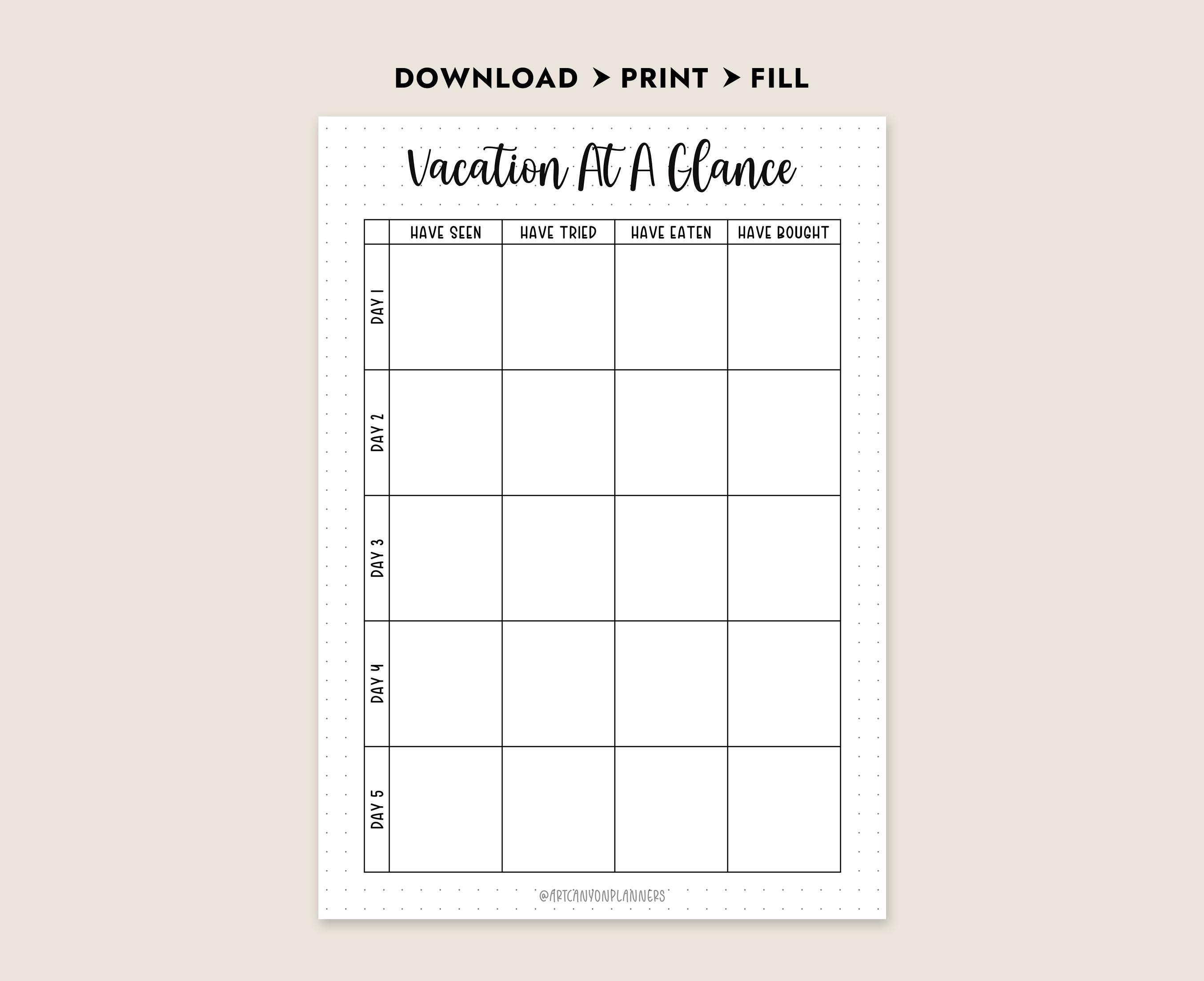 Vacation at A Glance Printable Travel Journal PDF 5 Day Itinerary ...