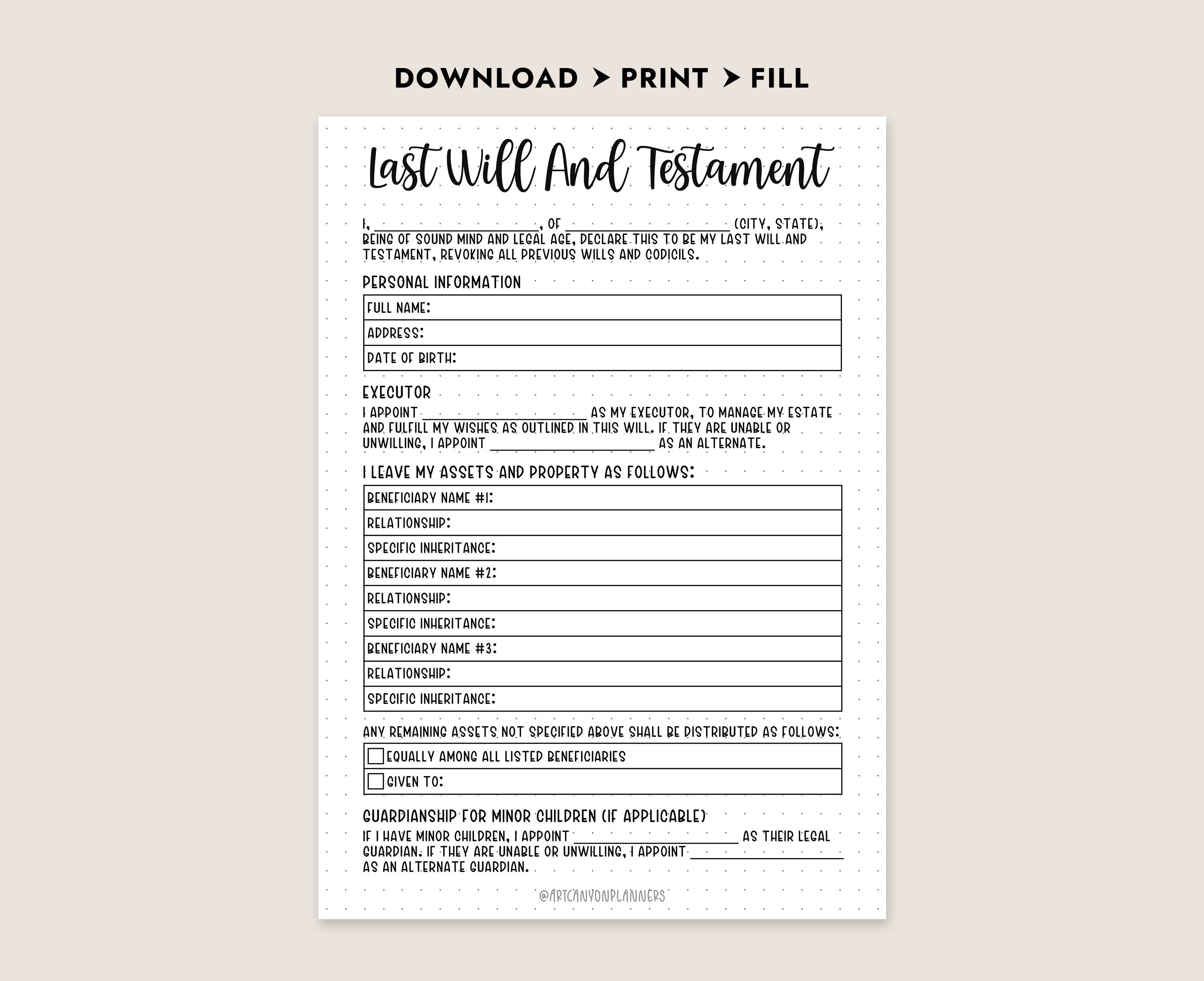 Printable Estate Planning Will Template