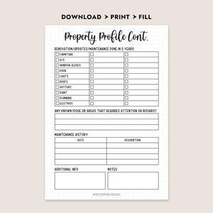 Puede incluir: Un formulario imprimible de perfil de propiedad con el t&iacute;tulo "Property Profile Cont." con secciones para renovaciones, historial de mantenimiento e informaci&oacute;n adicional. El formulario incluye casillas de verificaci&oacute;n y l&iacute;neas para entradas detalladas.
