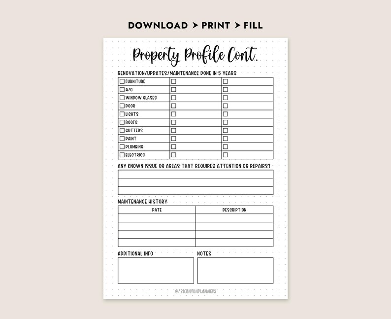 Puede incluir: Un formulario imprimible de perfil de propiedad con el t&iacute;tulo "Property Profile Cont." con secciones para renovaciones, historial de mantenimiento e informaci&oacute;n adicional. El formulario incluye casillas de verificaci&oacute;n y l&iacute;neas para entradas detalladas.