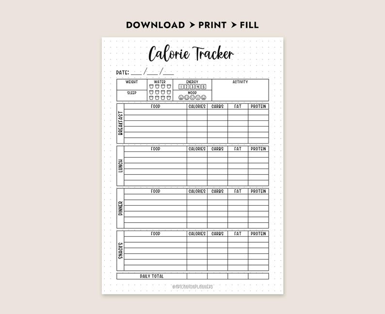 Calorie Tracker Printable Food Journal Daily Meal Planner Fitness Log ...