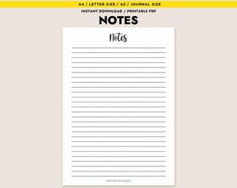 Página de notas imprimible, papel cuadriculado con líneas, plantilla de diario minimalista para insertar en planificador, tamaño carta A4 A5