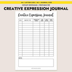 Diario de expresión creativa, registro de arte imprimible, seguimiento del estado de ánimo, tamaño carta, PDF, descarga instantánea, planificador