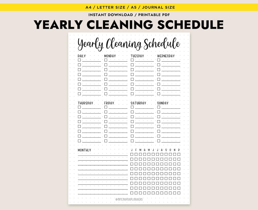 Yearly Cleaning Schedule Printable Planner Insert A4 A5 Letter Journal ...