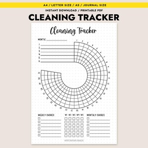 Op de afbeelding: Een afdrukbare schoonmaaktracker met een cirkelvormig ontwerp, met secties voor wekelijkse en maandelijkse taken. De bovenkant van de pagina heeft de tekst "CLEANING TRACKER" en "Cleaning Tracker". Het ontwerp is zwart op een witte achtergrond, met een gele banner bovenaan.