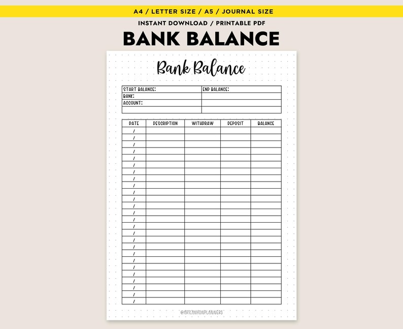 Printable Bank Balance Tracker Account Register Log A4/a5/letter PDF - Etsy