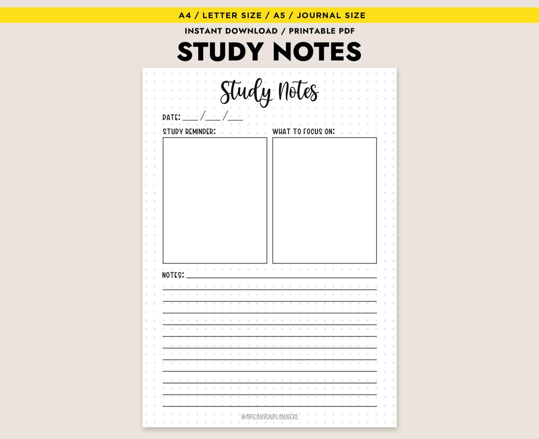 Study Notes Printable A4 A5 Letter Journal Size Instant Download PDF ...