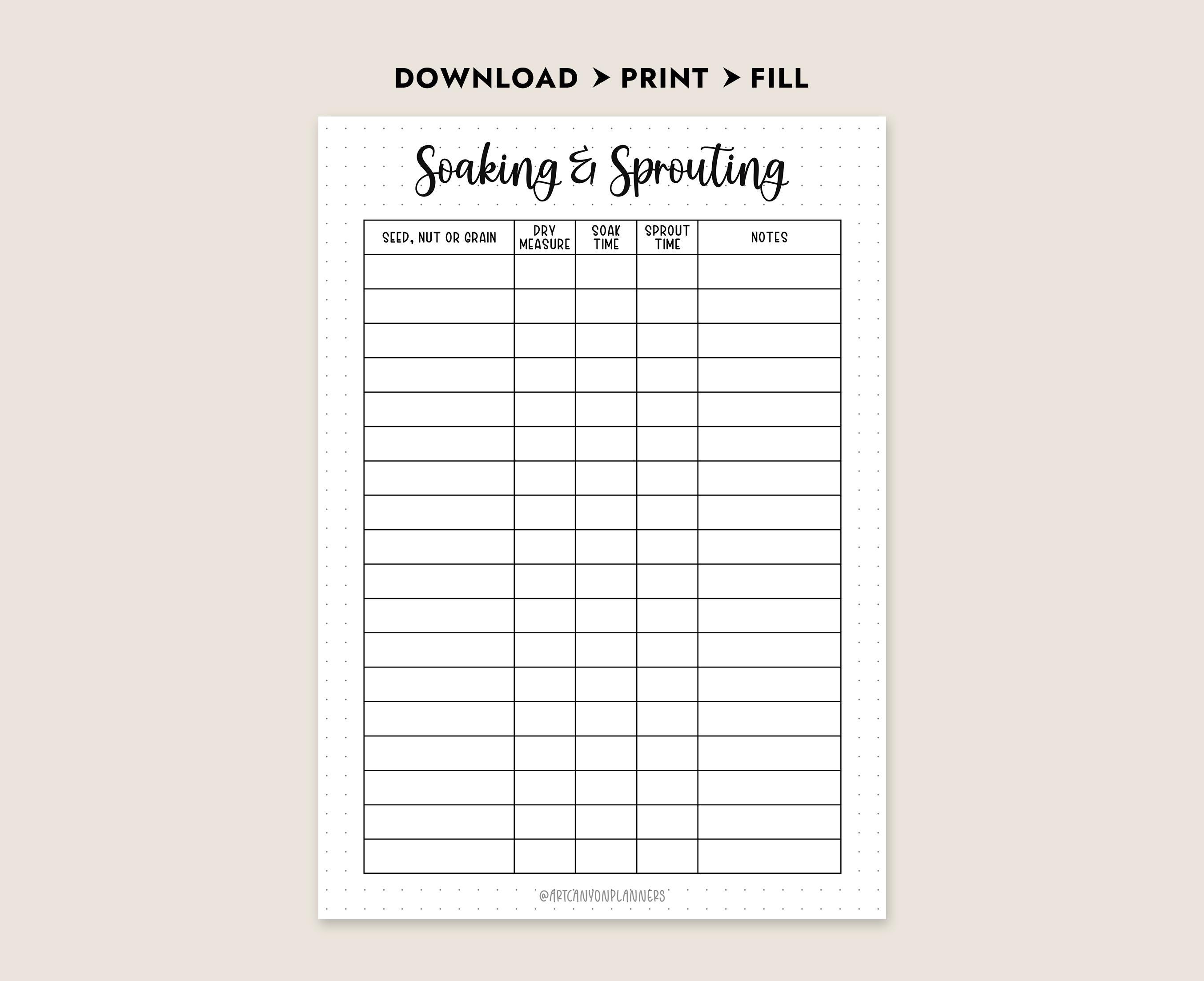 Soaking and Sprouting Chart Printable Seed Tracker Log Sprouting Guide ...