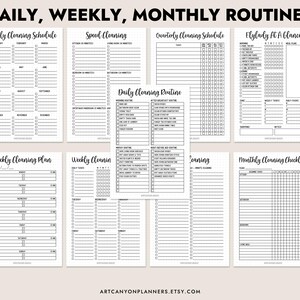 May include: A collection of printable cleaning schedule templates with the text "DAILY, WEEKLY, MONTHLY ROUTINES". The templates include yearly, speed, quarterly, and daily cleaning schedules, along with weekly and monthly checklists. The text "ARTCANYONPLANNERS.ETSY.COM" is at the bottom.