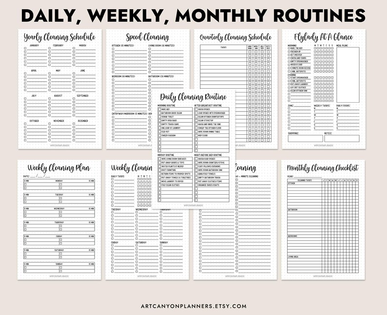 May include: A collection of printable cleaning schedule templates with the text "DAILY, WEEKLY, MONTHLY ROUTINES". The templates include yearly, speed, quarterly, and daily cleaning schedules, along with weekly and monthly checklists. The text "ARTCANYONPLANNERS.ETSY.COM" is at the bottom.
