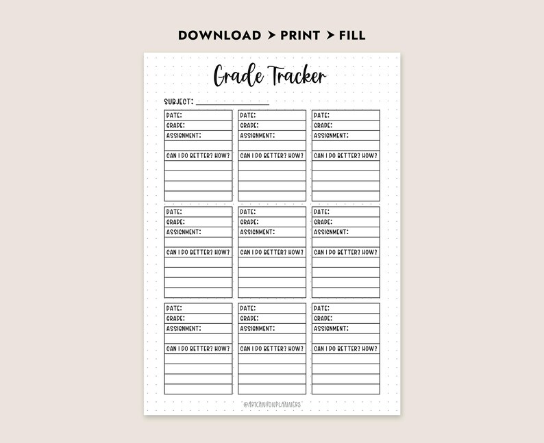 Grade Tracker Printable Instant Download Study Planner Student ...