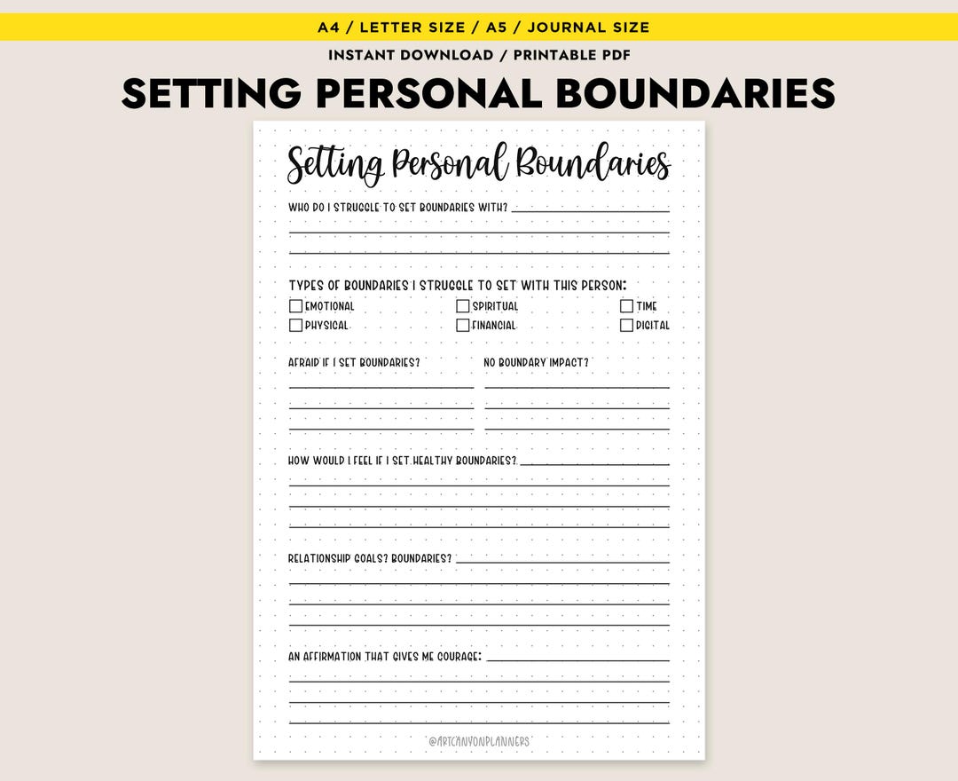 Setting Personal Boundaries Worksheet Self Care Journal Insert Mental ...
