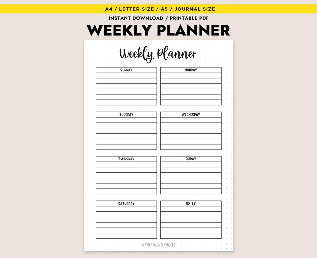Weekly Planner Printable A4 A5 Letter Journal Size Instant Download ...