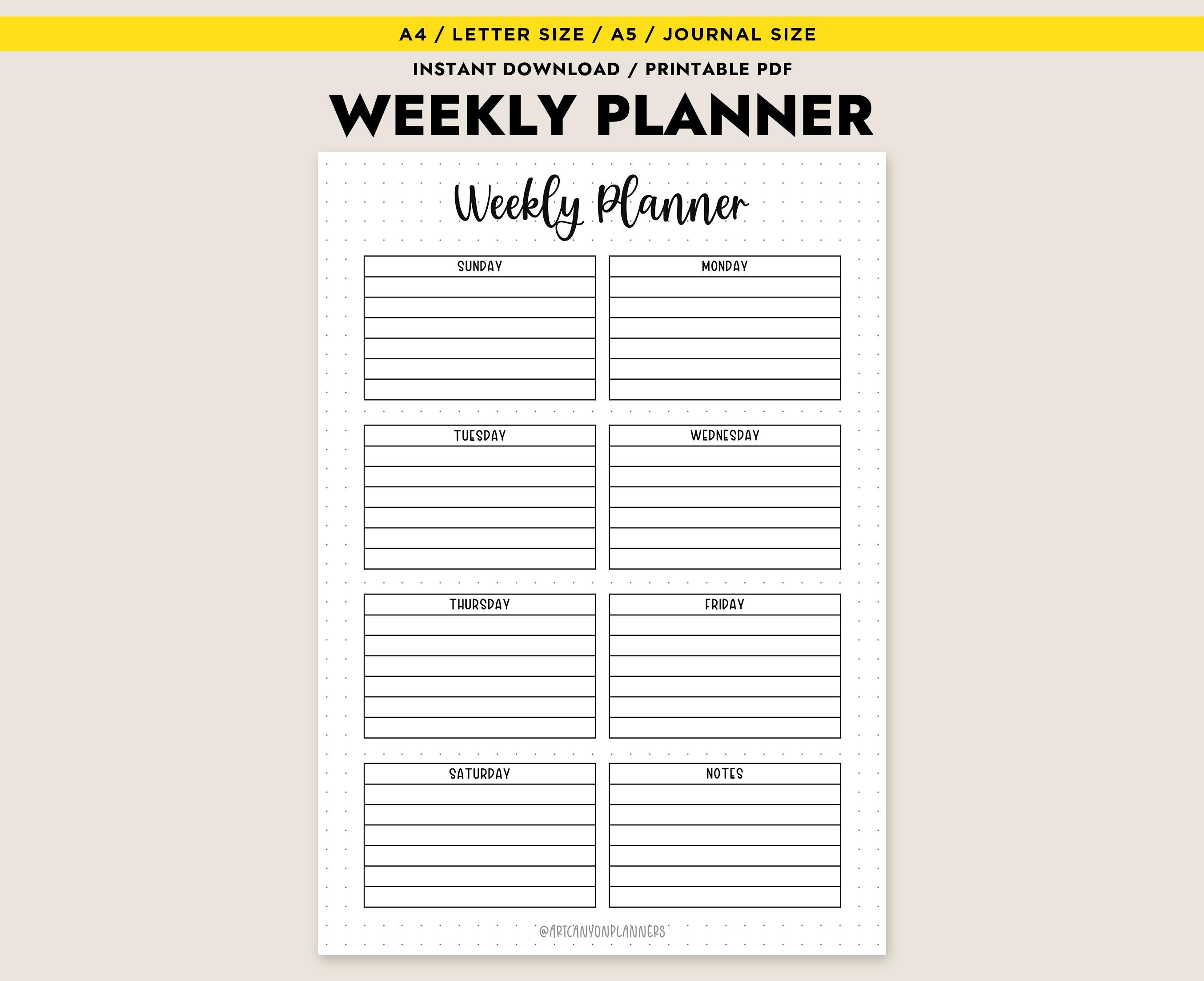Weekly Planner Printable A4 A5 Letter Journal Size Instant Download ...