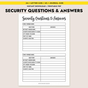 Può includere: Un documento PDF stampabile intitolato "Domande e risposte di sicurezza". Il documento presenta due sezioni con richieste di informazioni personali, tra cui nome del familiare, cognome da nubile della madre e vacanza preferita. Il documento è progettato per formati A4, Letter, A5 e diario.