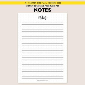 Op de afbeelding: Een witte, afdrukbare PDF-notitiepagina met een gestippelde rasterachtergrond en horizontale lijnen. Het woord "NOTES" staat bovenaan in vette letters, met "Notes" in cursief eronder. De pagina is ontworpen voor A4, Letter, A5 en journal formaten.